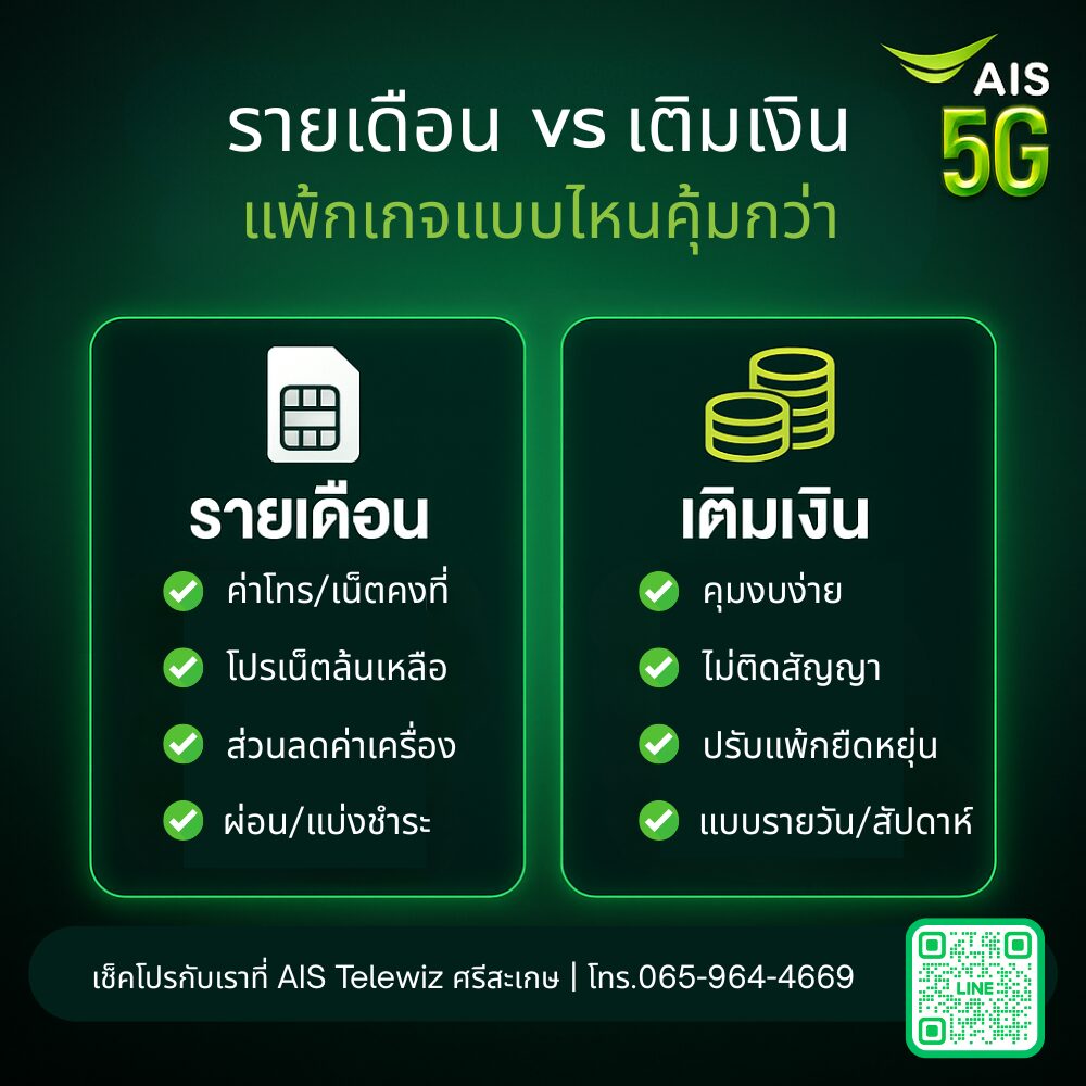 AIS รายเดือน vs เติมเงิน แพ็กเกจแบบไหนคุ้มกว่า
